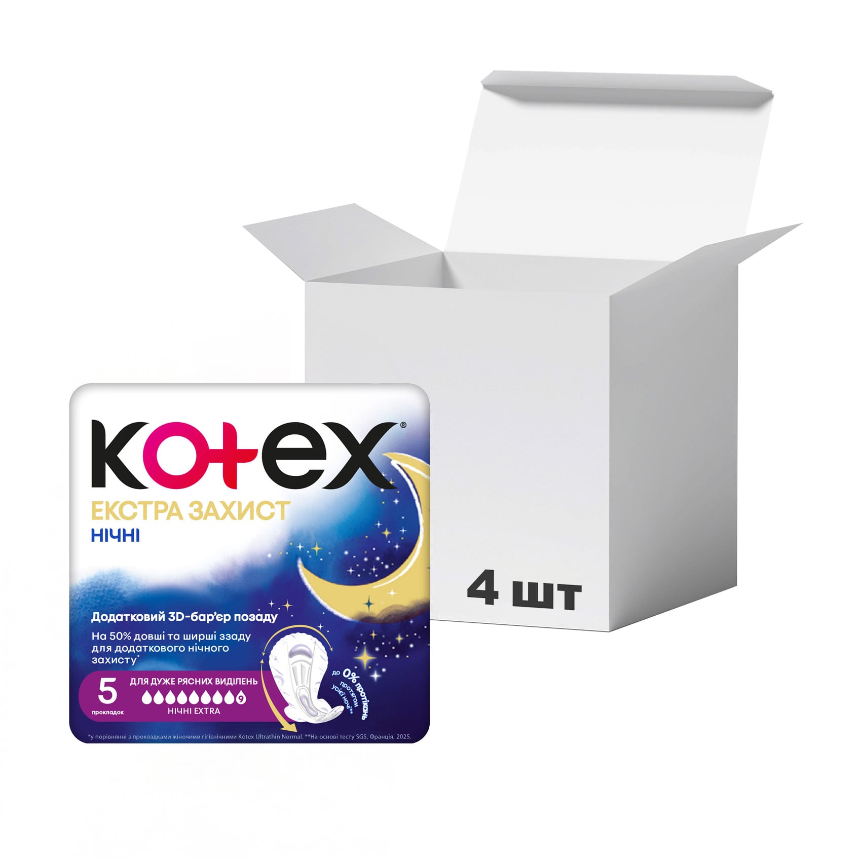 Упаковка нічних прокладок для критичних днів Kotex Екстра-захист, 5 шт * 4 шт